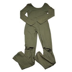Many Many Jumpsuit Womens L Green Plain Long Sleeve Scoop Neck Distressed Knee